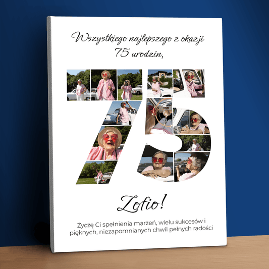 Ciepłe życzenia na 75 urodziny - kolaż na płótnie dla kobiety - StwórzPrezent.pl