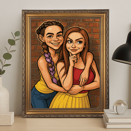 Dwie przyjaciółki w stylu komiksowego realizmu - portret na płótnie dla przyjaciółki - stworzprezent.pl