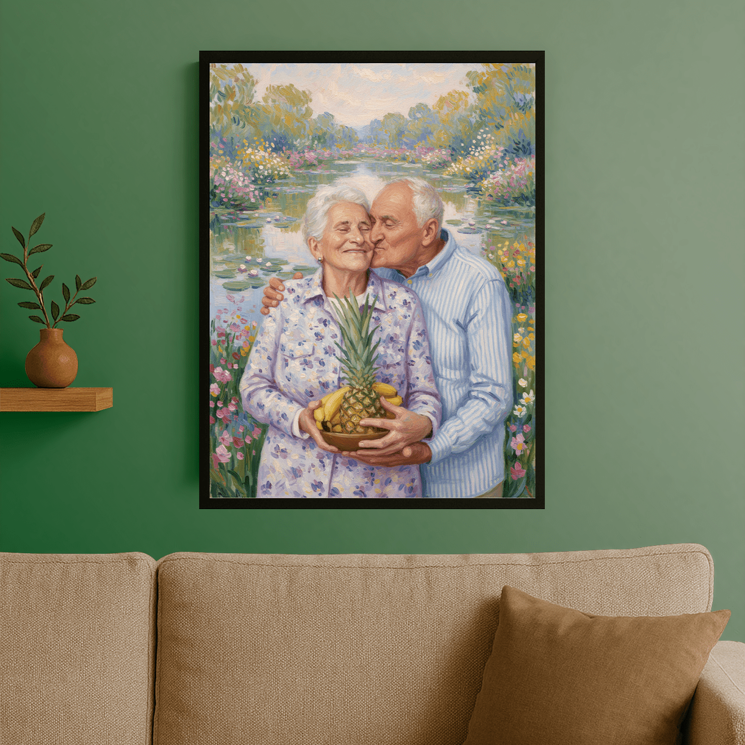 Dziadkowie spacerujący nad stawem - portret na plakacie dla dziadków - StwórzPrezent.pl