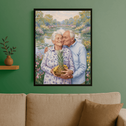 Dziadkowie spacerujący nad stawem - portret na plakacie dla dziadków - StwórzPrezent.pl