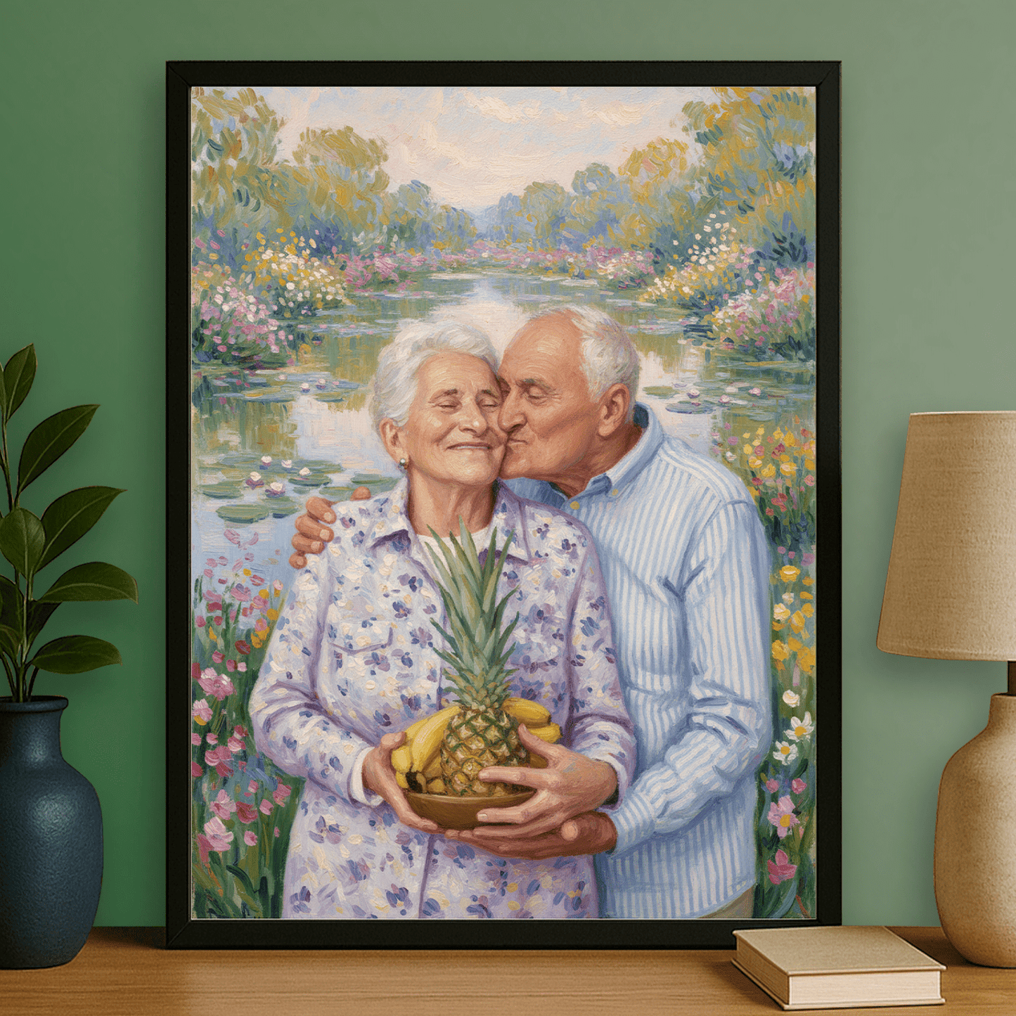 Dziadkowie spacerujący nad stawem - portret na plakacie dla dziadków - StwórzPrezent.pl