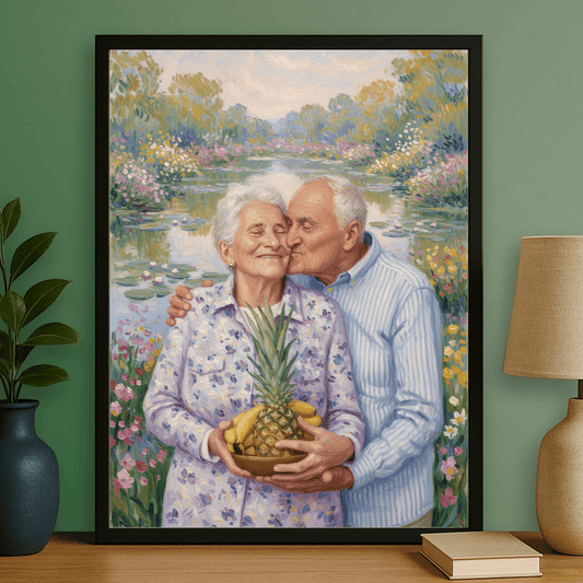 Dziadkowie spacerujący nad stawem - portret na plakacie dla dziadków - StwórzPrezent.pl
