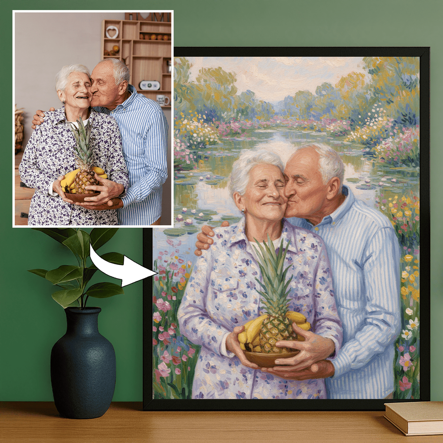 Dziadkowie spacerujący nad stawem - portret na plakacie dla dziadków - StwórzPrezent.pl