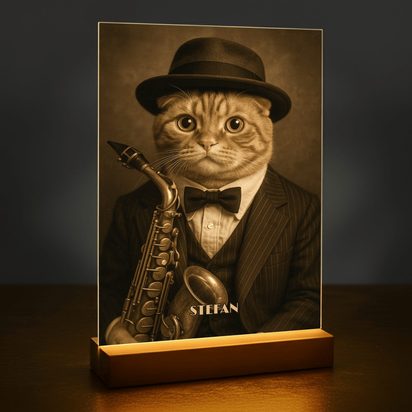 Elegancki kot muzyk - portret na szkle akrylowym dla miłośnika kotów - stworzprezent.pl