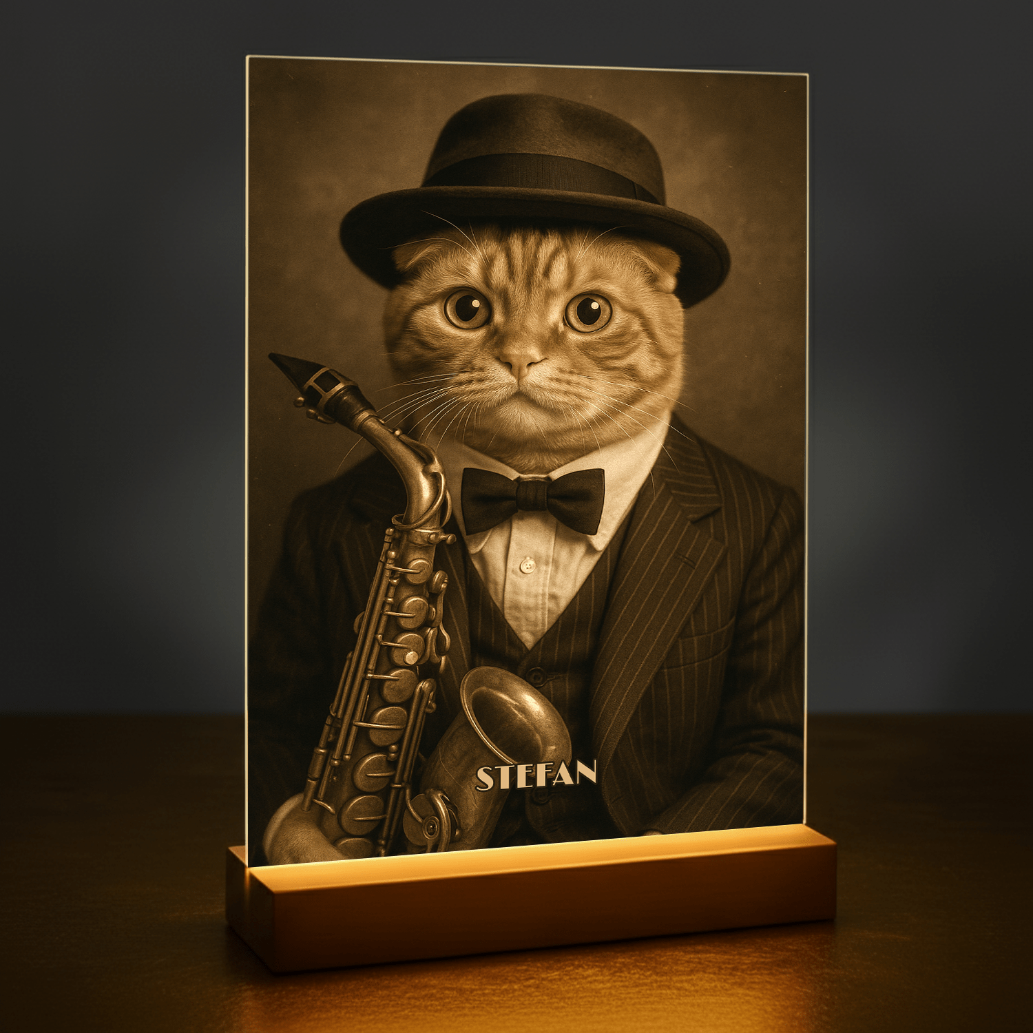 Elegancki kot muzyk - portret na szkle akrylowym dla miłośnika kotów - stworzprezent.pl