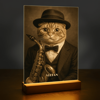 Elegancki kot muzyk - portret na szkle akrylowym dla miłośnika kotów - stworzprezent.pl