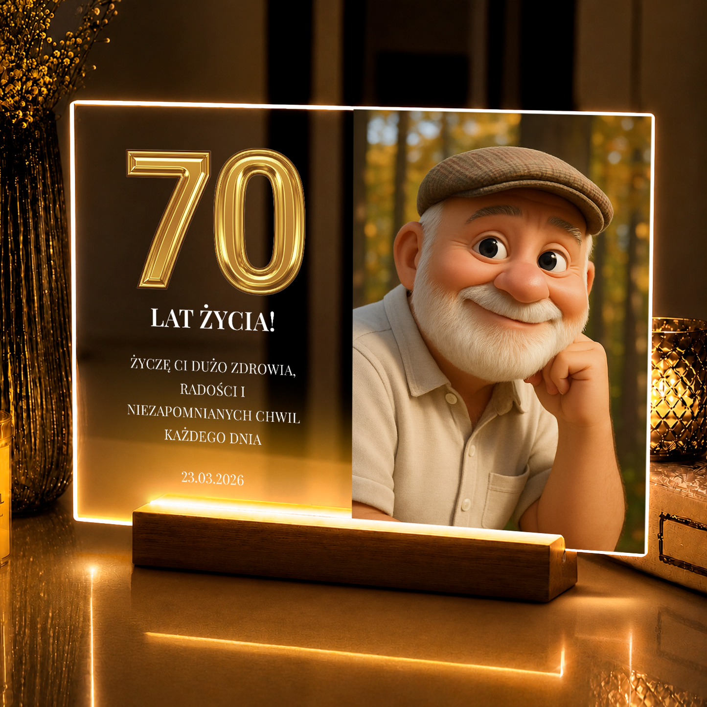 Jego 70. urodziny – personalizowany druk na szkle akrylowym dla mężczyzny