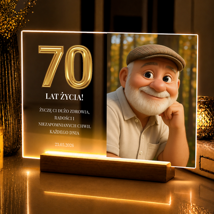 Jego 70. urodziny – personalizowany druk na szkle akrylowym dla mężczyzny