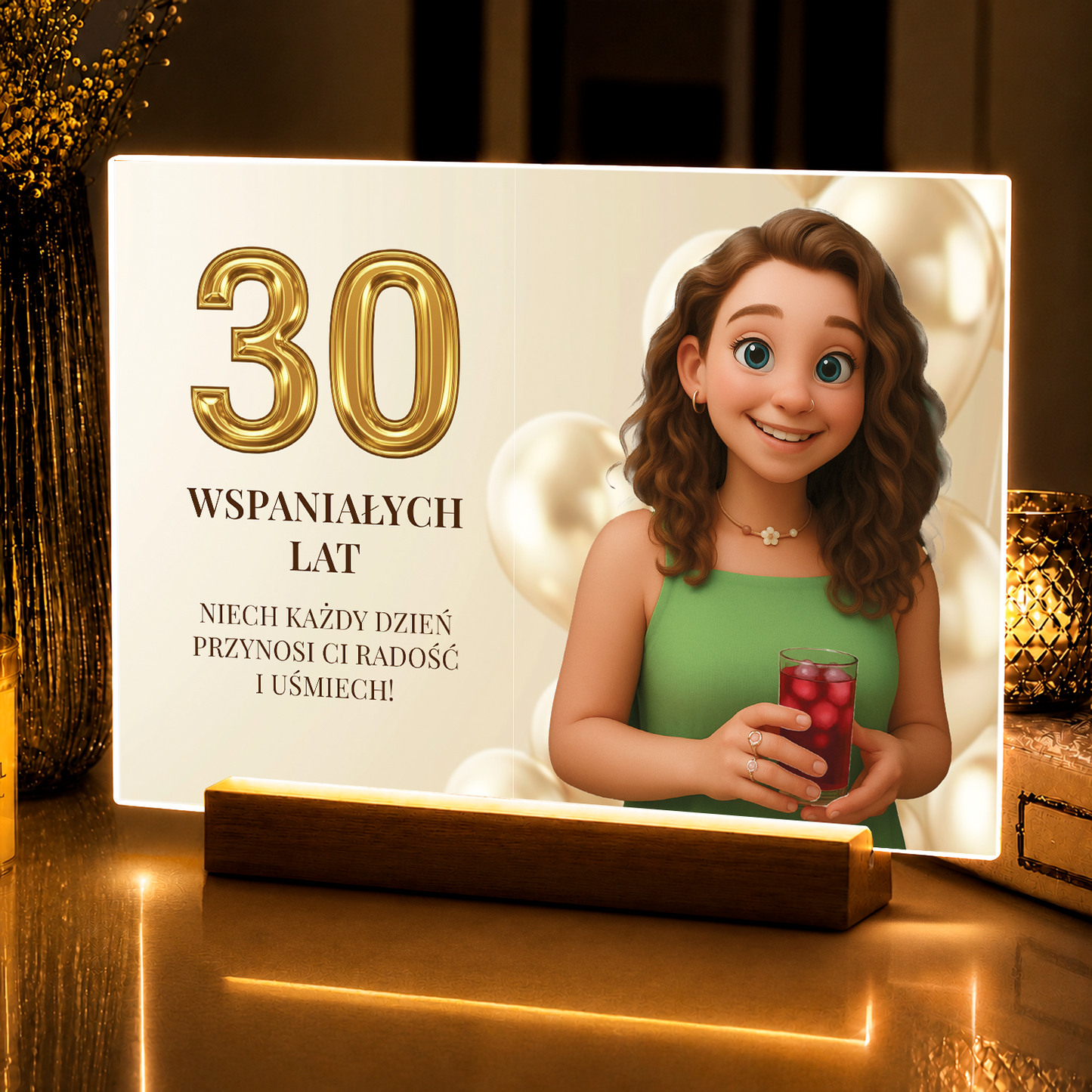 Ilustracja z życzeniami na 30. urodziny - personalizowany druk na szkle akrylowym dla niej
