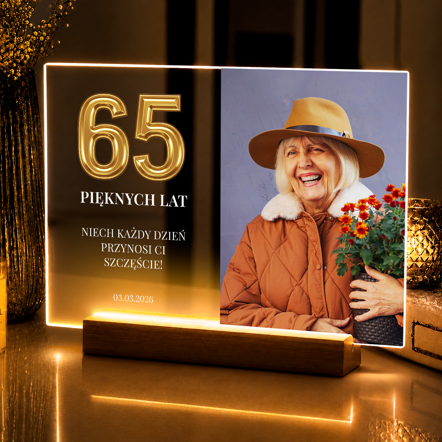 65 pięknych lat – personalizowany druk na szkle akrylowym dla kobiety