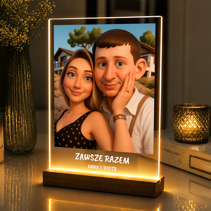 Para w stylu animowanym z napisem - portret na szkle akrylowym dla pary
