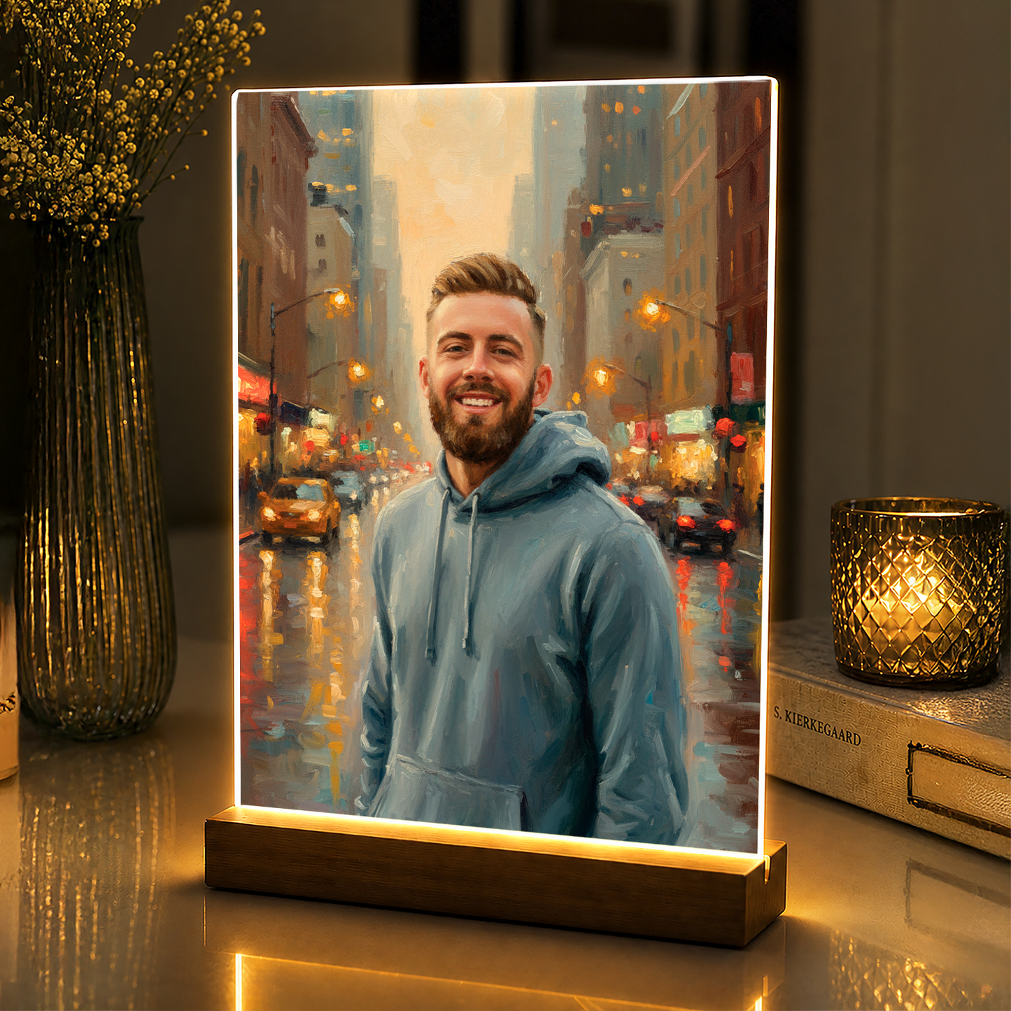 Mężczyzna w centrum miasta - portret na szkle akrylowym dla niego
