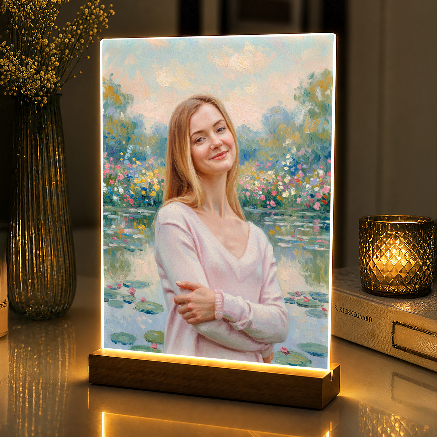Kobieta nad stawem w stylu Monet na szkle akrylowym - dla niej