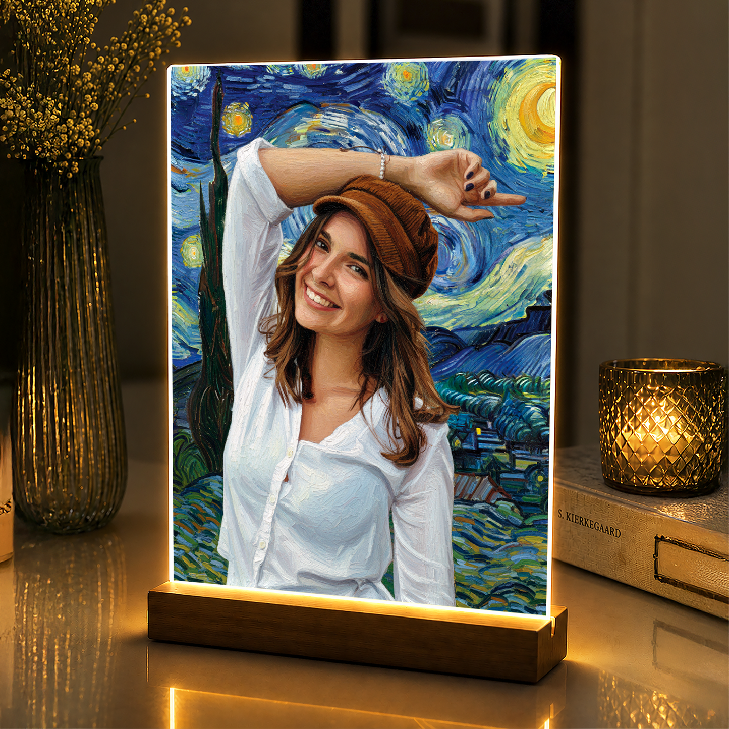 Dziewczyna na tle gwieździstego nieba - portret na szkle akrylowym dla niej