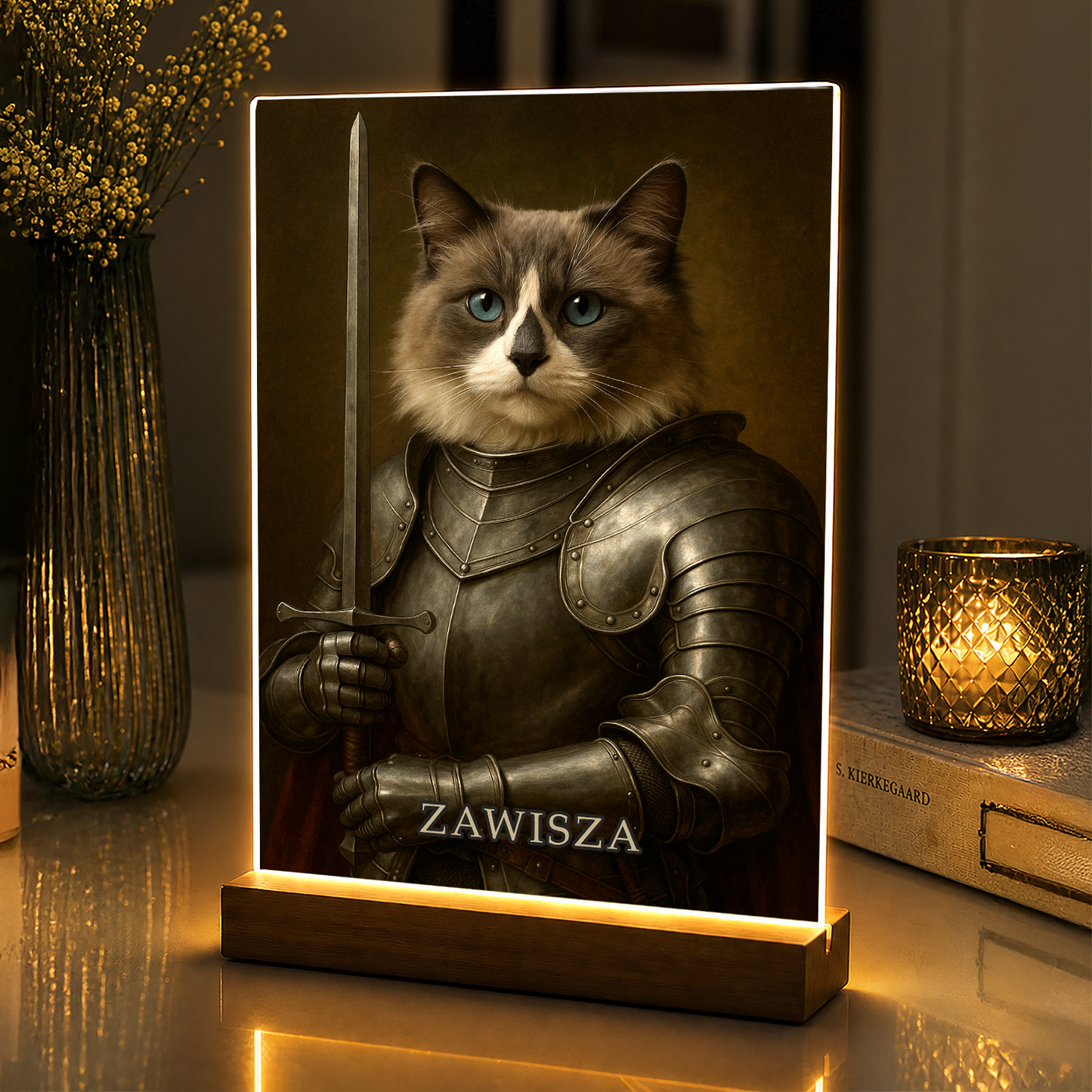 Kot jako dzielny rycerz – portret na szkle akrylowym dla miłośnika kotów