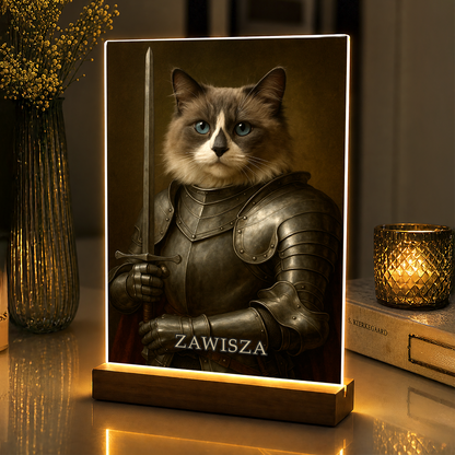 Kot jako dzielny rycerz – portret na szkle akrylowym dla miłośnika kotów