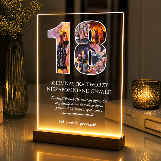 Lampka LED na 18. urodziny – zdjęcia na szkle akrylowym dla Przyjaciółki