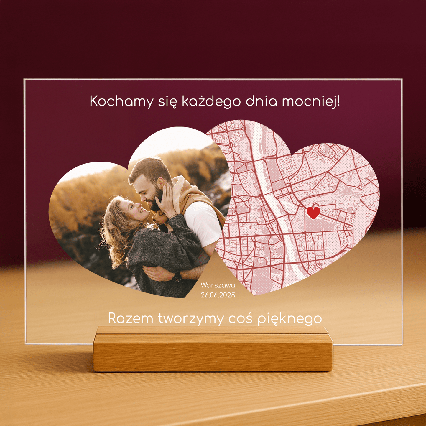 Zdjęcie pary + mapa - personalizowany druk na szkle - stworzprezent.pl