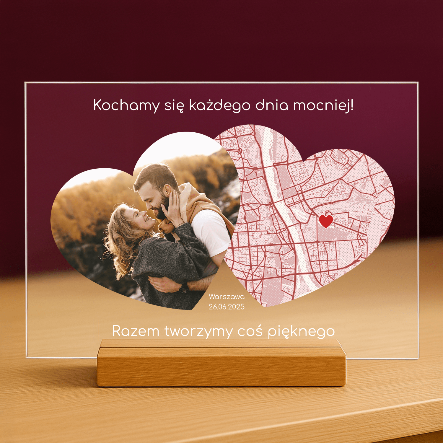 Zdjęcie pary + mapa - personalizowany druk na szkle - stworzprezent.pl