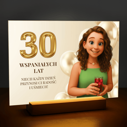 Ilustracja z życzenimi na 30. - personalizowany druk na szkle dla niej - stworzprezent.pl