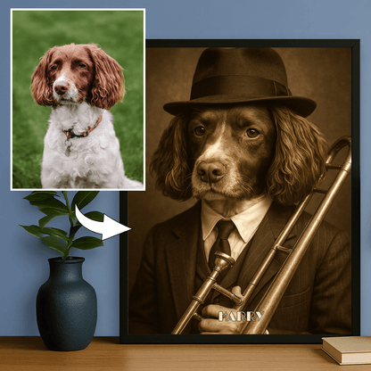 Jazzowy pies - portret na plakacie dla miłośników psów - StwórzPrezent.pl