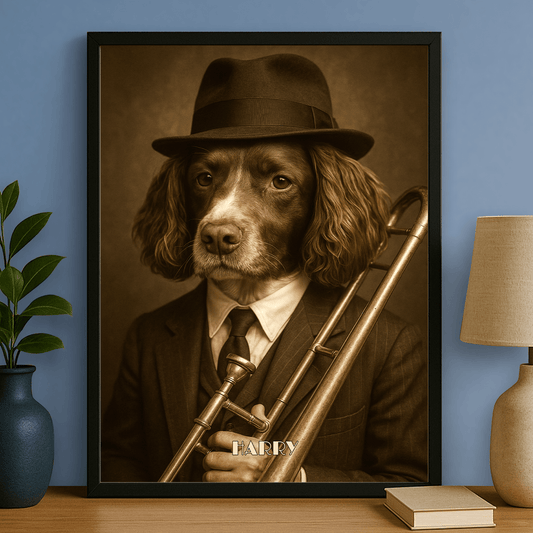 Jazzowy pies - portret na plakacie dla miłośników psów - StwórzPrezent.pl