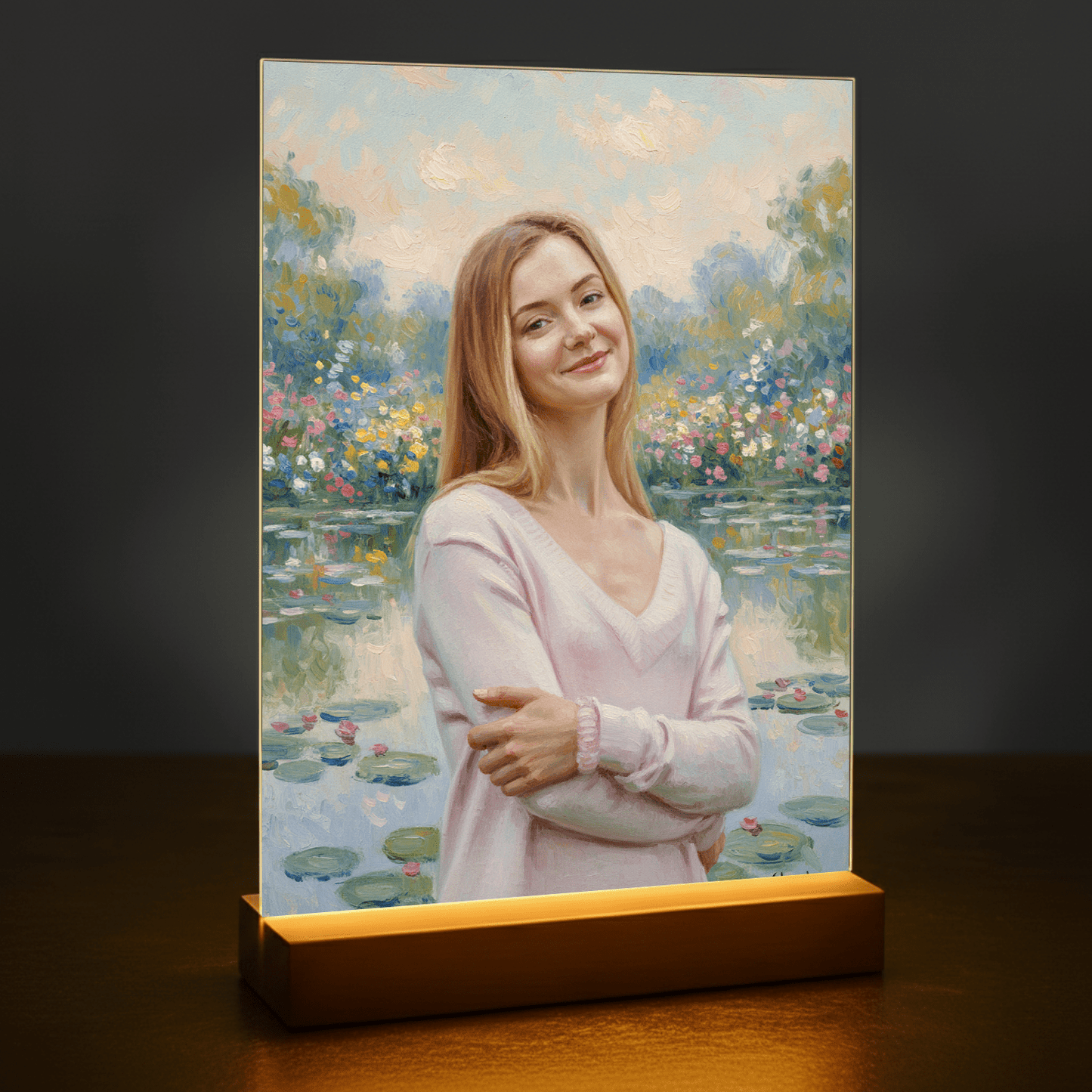 Kobieta nad stawem w stylu Monet - portret na szkle akrylowym dla niej - stworzprezent.pl