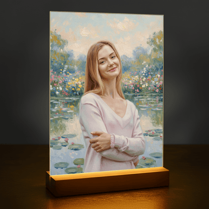 Kobieta nad stawem w stylu Monet - portret na szkle akrylowym dla niej - stworzprezent.pl