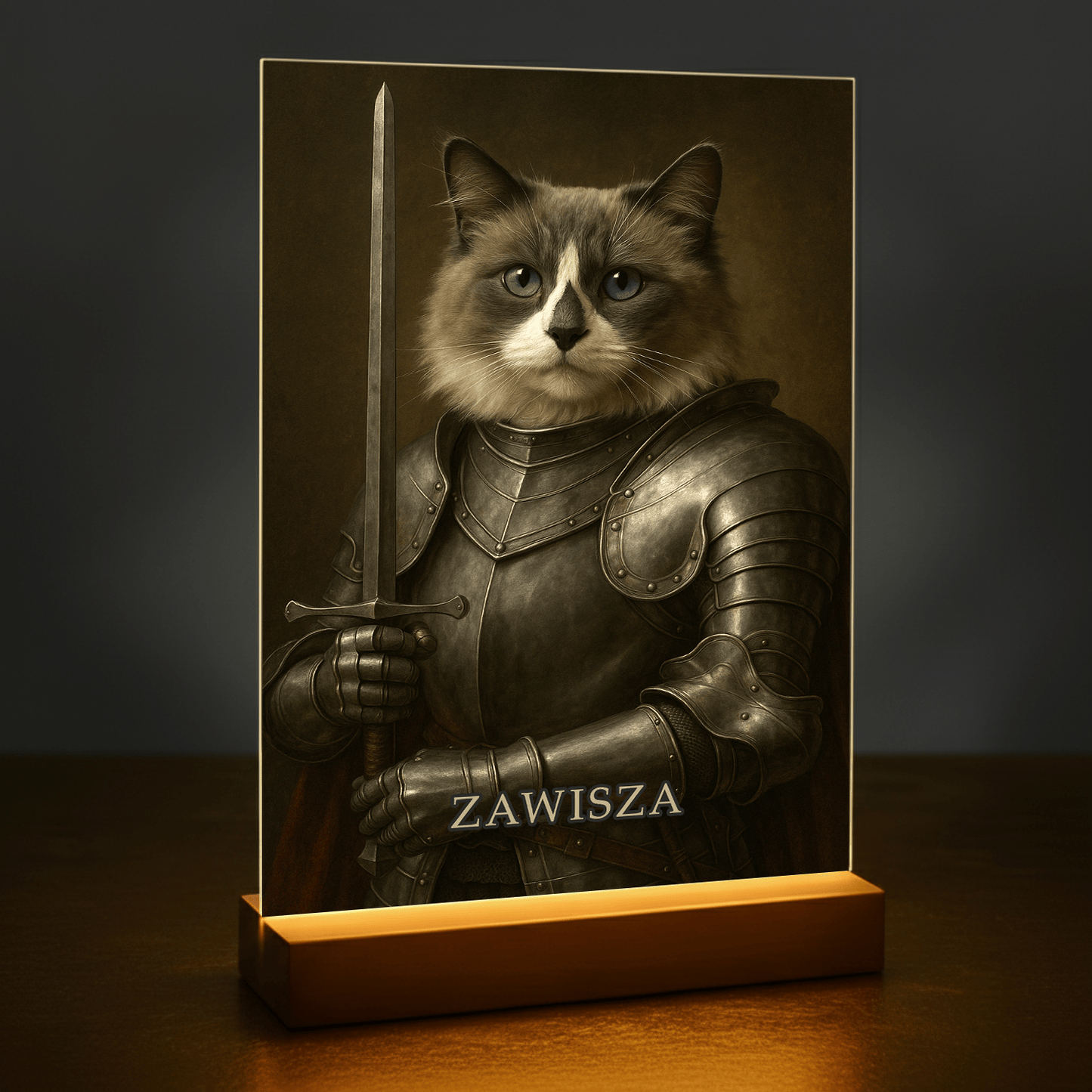 Kot jako dzielny rycerz - portret na szkle akrylowym dla miłośnika kotów - stworzprezent.pl