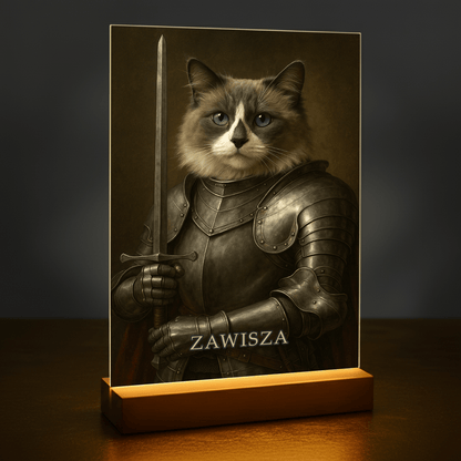 Kot jako dzielny rycerz - portret na szkle akrylowym dla miłośnika kotów - stworzprezent.pl