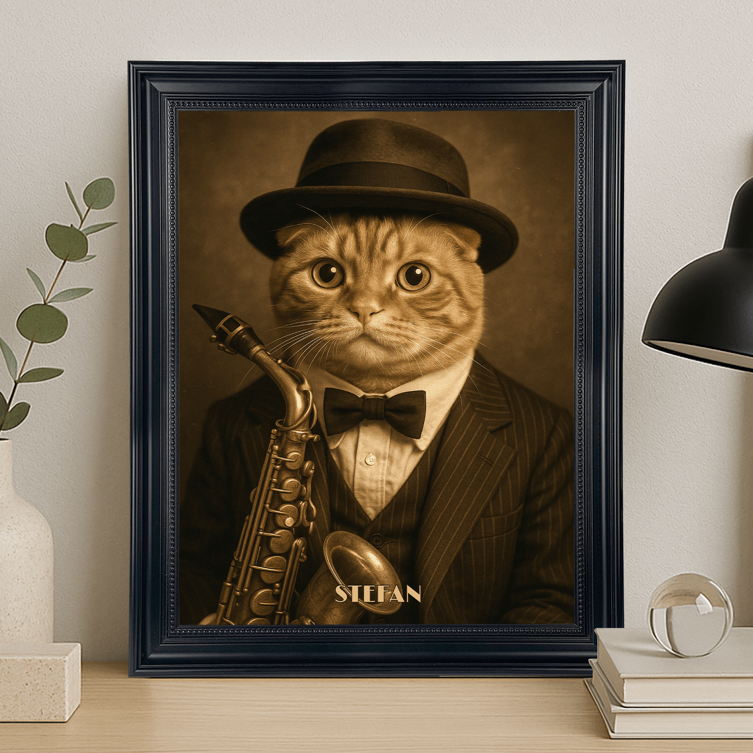 Kot jako muzyk w kapeluszu - portret na płótnie dla miłośnika kotów - StwórzPrezent.pl