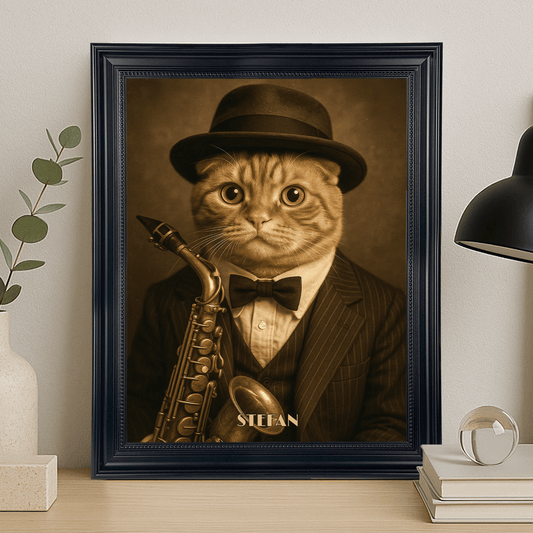 Kot jako muzyk w kapeluszu - portret na płótnie dla miłośnika kotów - StwórzPrezent.pl