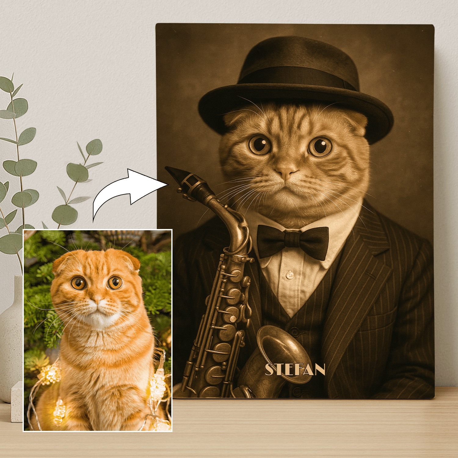Kot jako muzyk w kapeluszu - portret na płótnie dla miłośnika kotów - StwórzPrezent.pl