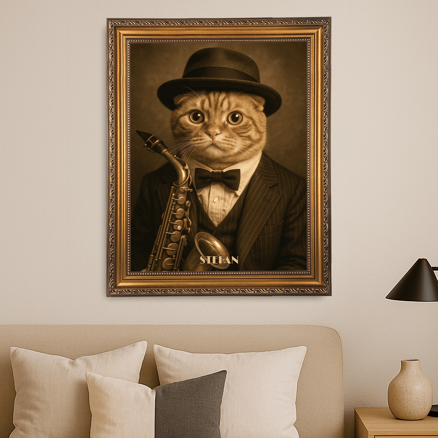 Kot jako muzyk w kapeluszu - portret na płótnie dla miłośnika kotów - StwórzPrezent.pl