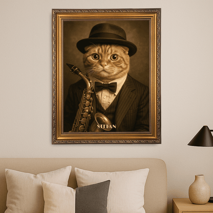 Kot jako muzyk w kapeluszu - portret na płótnie dla miłośnika kotów - StwórzPrezent.pl