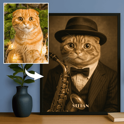 Kot w stylu jazzowym - portret na plakacie dla miłośnika kotów - StwórzPrezent.pl