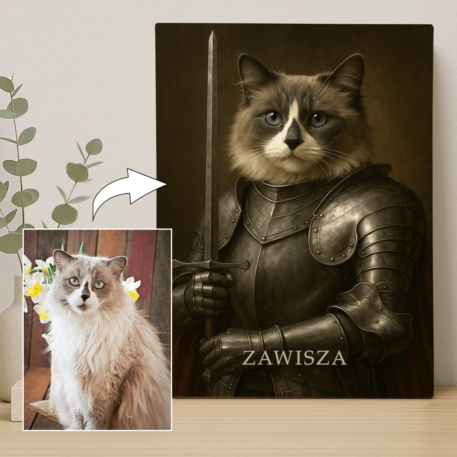 Kot w zbroi - portret na płótnie dla miłośnika kotów - StwórzPrezent.pl