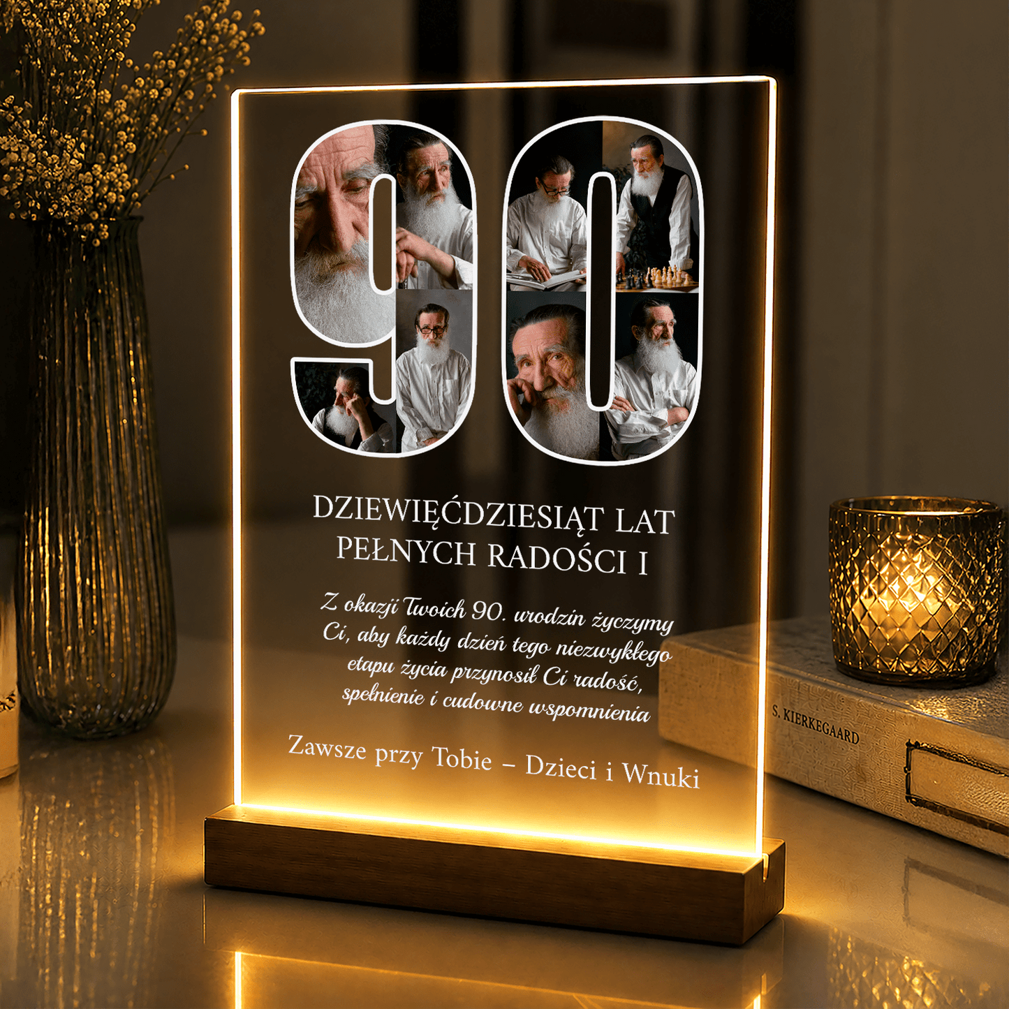 Lampka LED dla Dziadka na 90 urodziny – panel na szkle akrylowym z podświetleniem LED - StwórzPrezent.pl