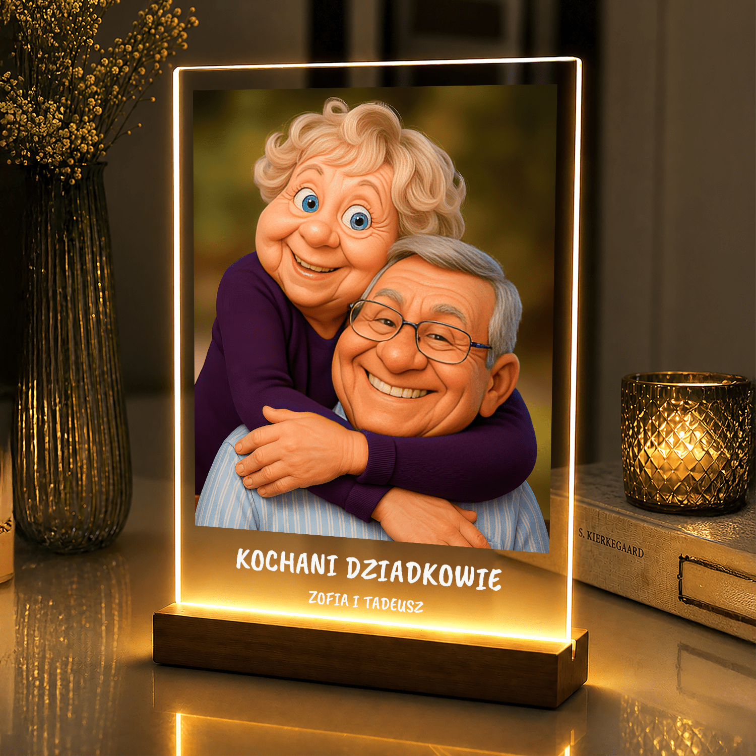 Lampka LED dla Dziadków – portret na szkle akrylowym w stylu bajki z podświetleniem - StwórzPrezent.pl