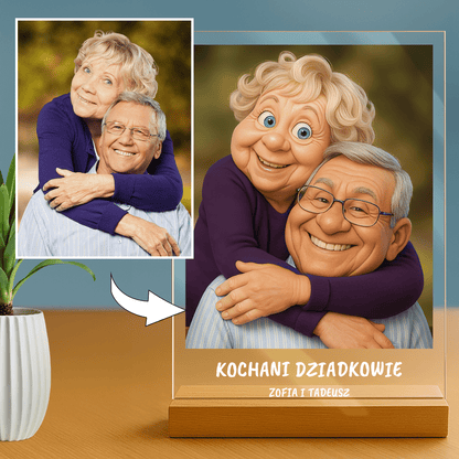 Lampka LED dla Dziadków – portret na szkle akrylowym w stylu bajki z podświetleniem - StwórzPrezent.pl