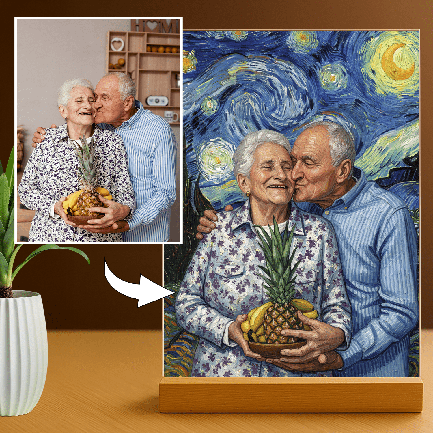 Lampka LED dla Dziadków – portret na szkle akrylowym w stylu Van Gogha - StwórzPrezent.pl