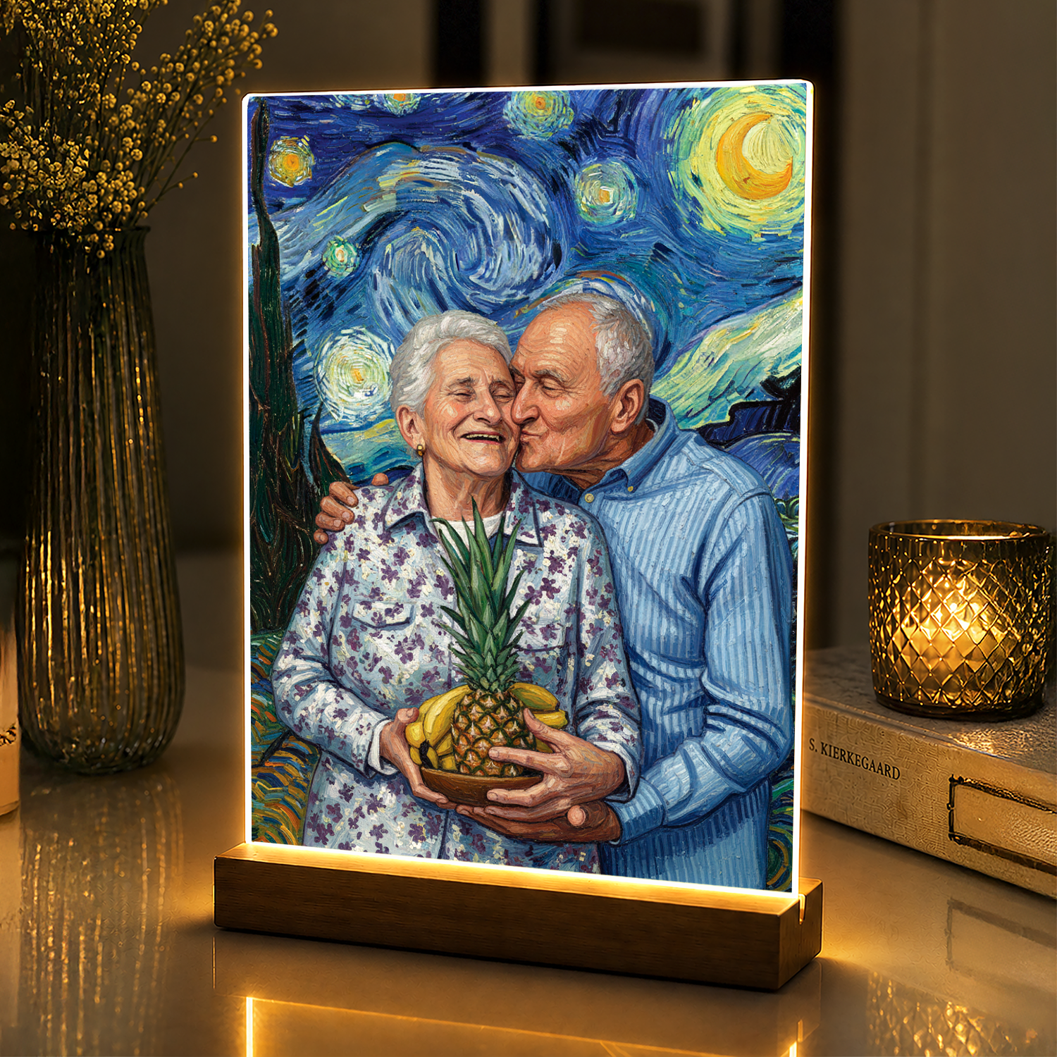 Lampka LED dla Dziadków – portret na szkle akrylowym w stylu Van Gogha - StwórzPrezent.pl