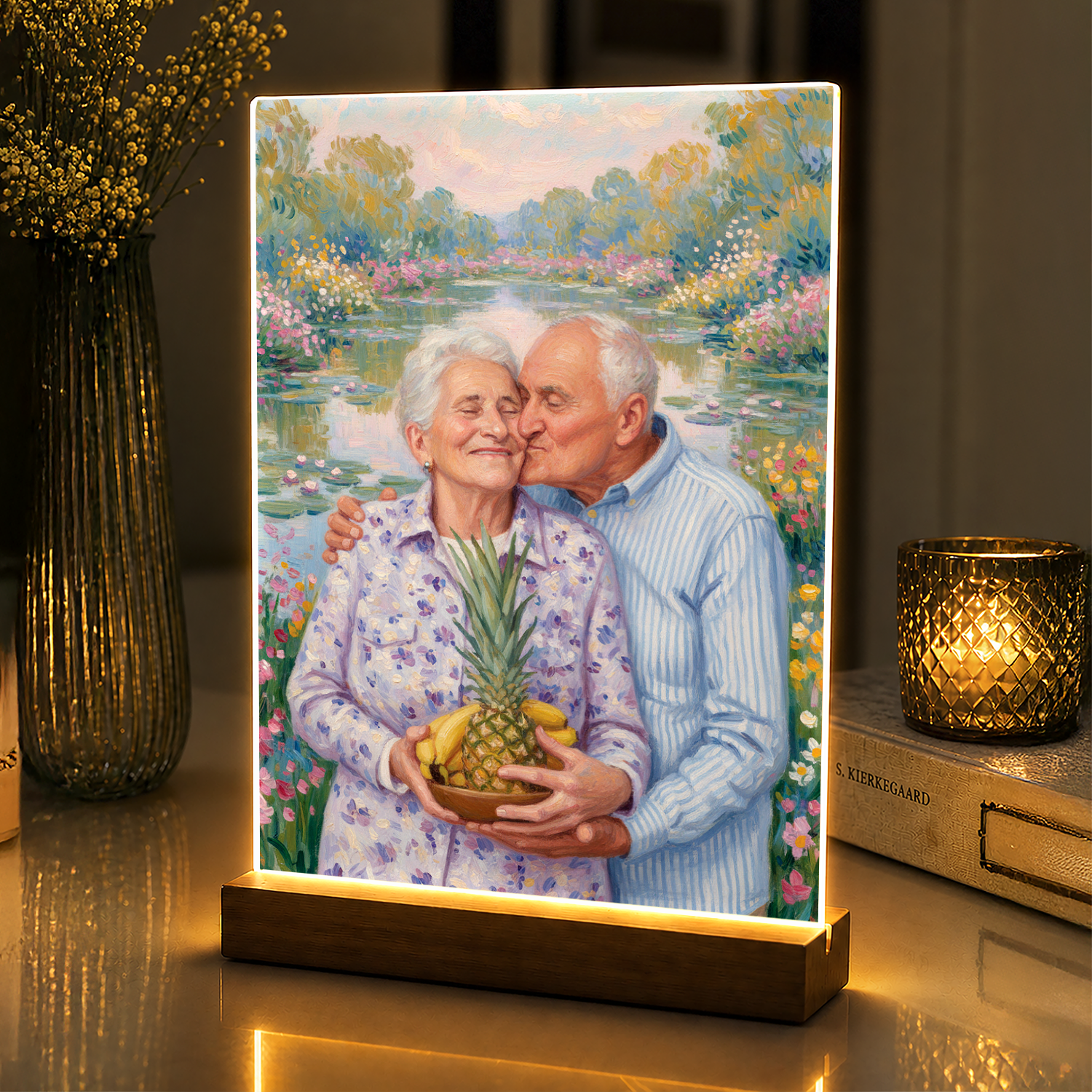 Lampka LED dla Dziadków – portret w stylu Monet na szkle akrylowym - StwórzPrezent.pl
