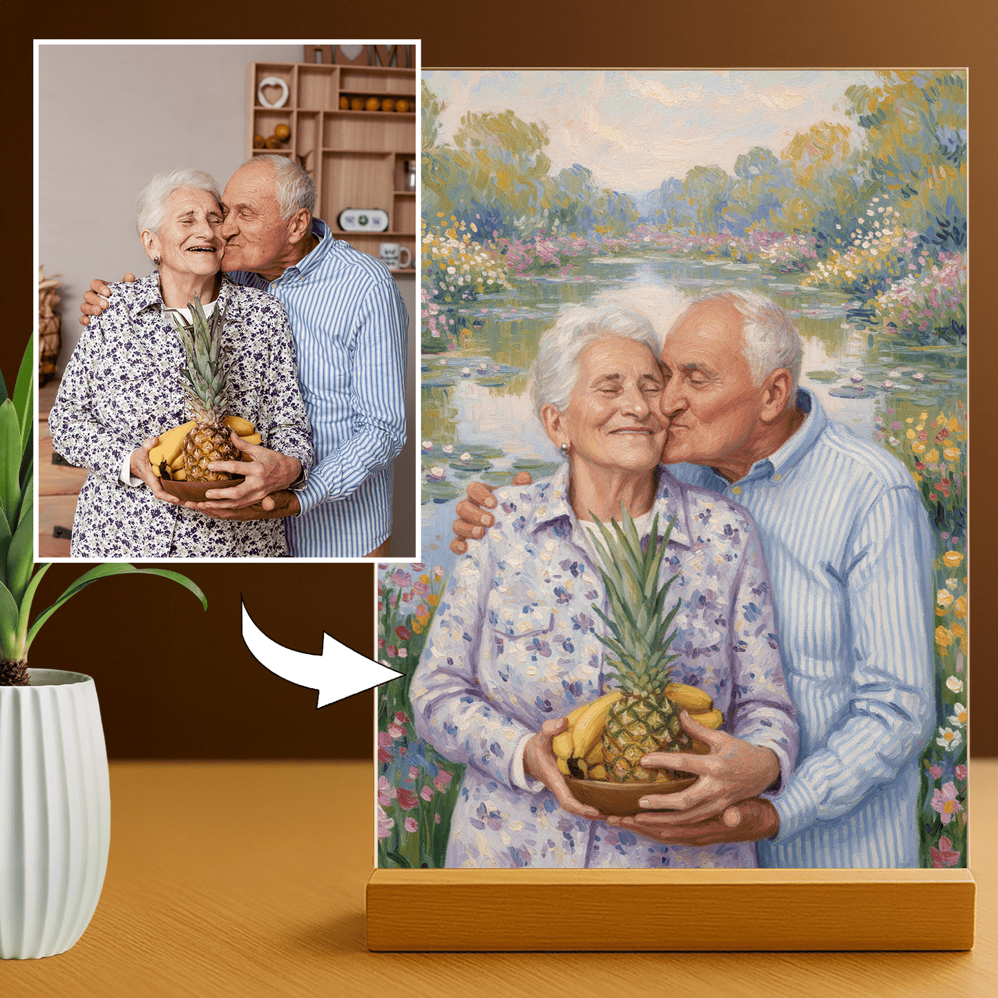 Lampka LED dla Dziadków – portret w stylu Monet na szkle akrylowym - StwórzPrezent.pl