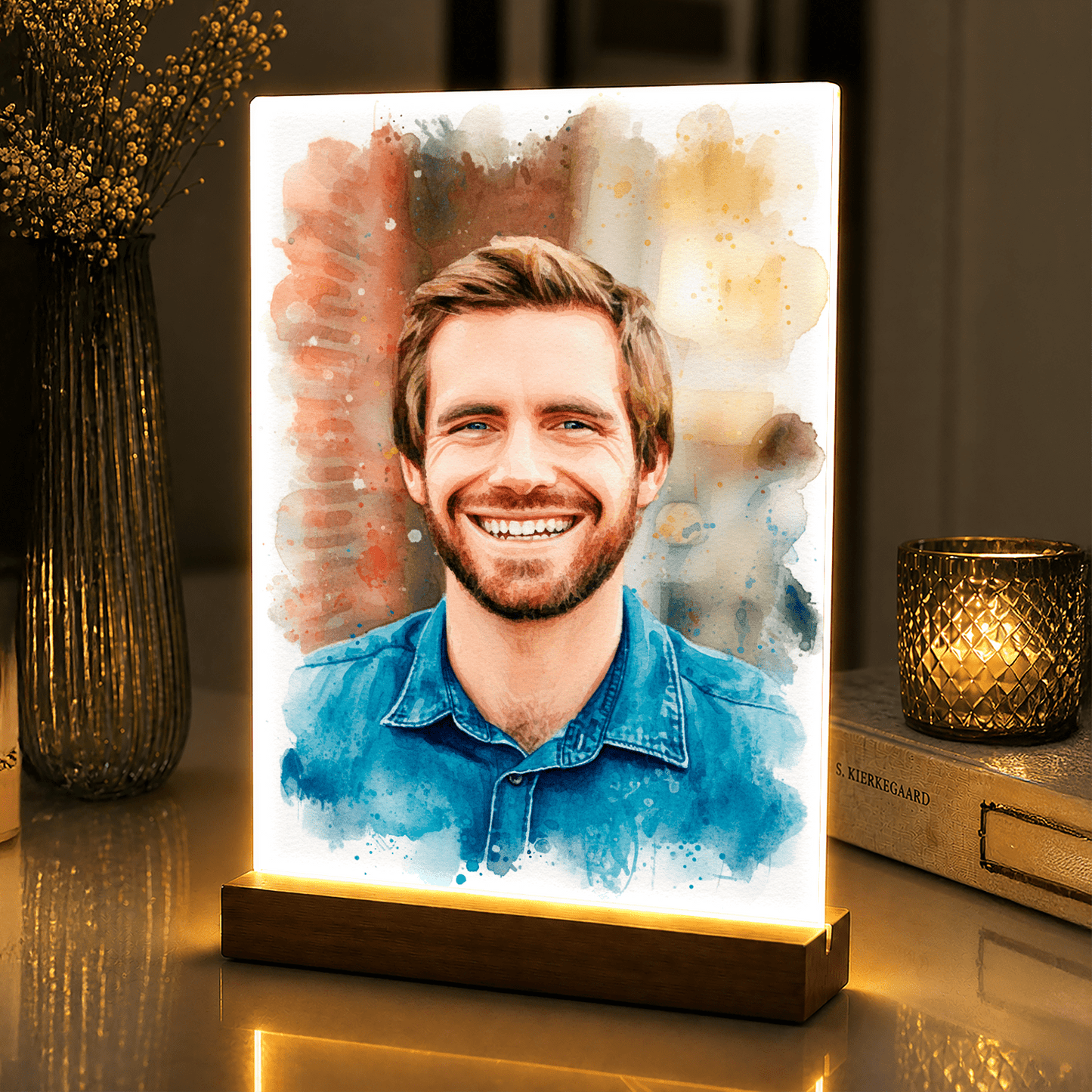 Lampka LED dla Niego – akwarelowy portret na szkle akrylowym - StwórzPrezent.pl