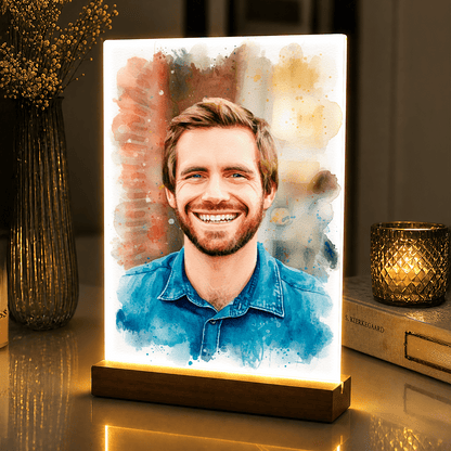 Lampka LED dla Niego – akwarelowy portret na szkle akrylowym - StwórzPrezent.pl