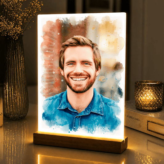 Lampka LED dla Niego – akwarelowy portret na szkle akrylowym - StwórzPrezent.pl