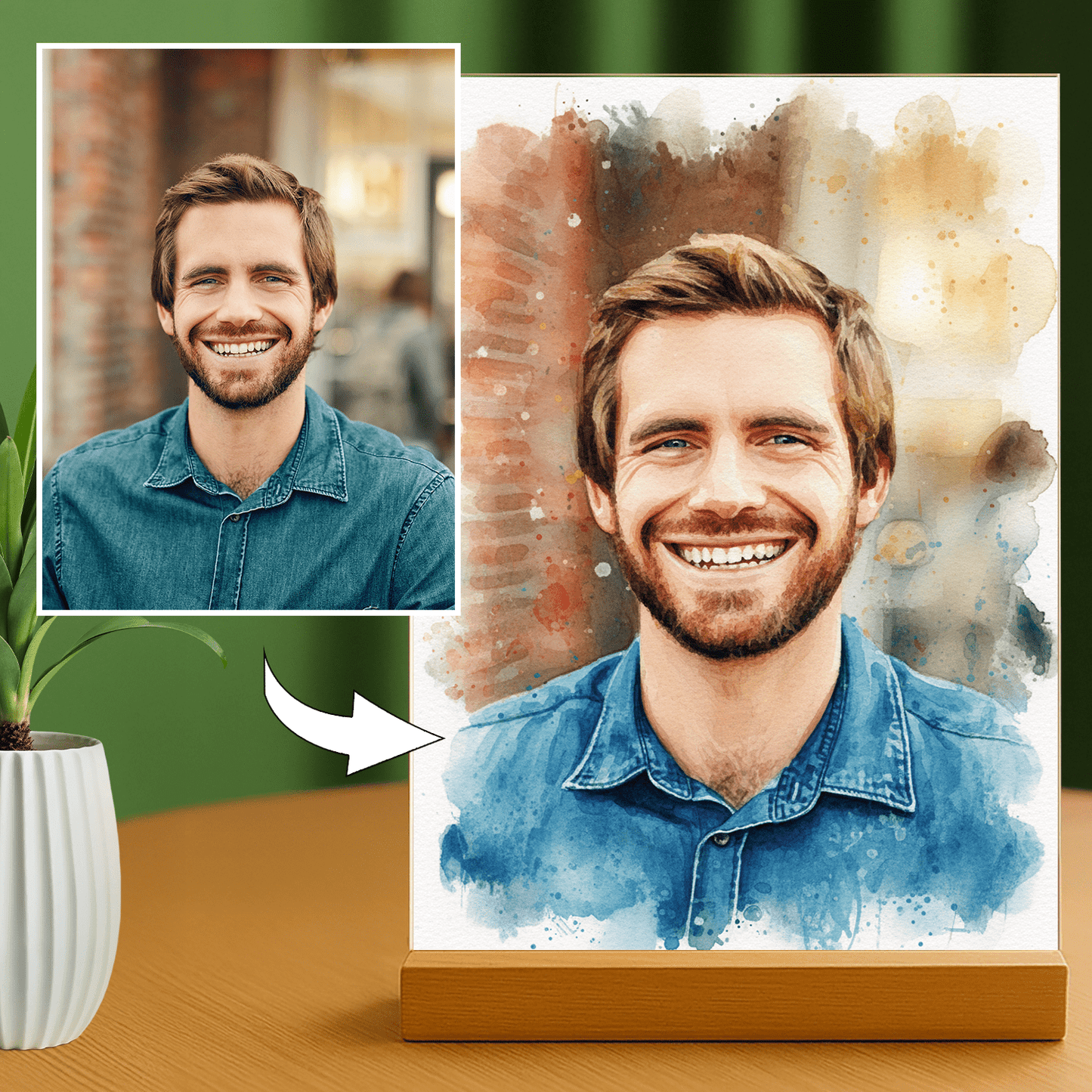 Lampka LED dla Niego – akwarelowy portret na szkle akrylowym - StwórzPrezent.pl