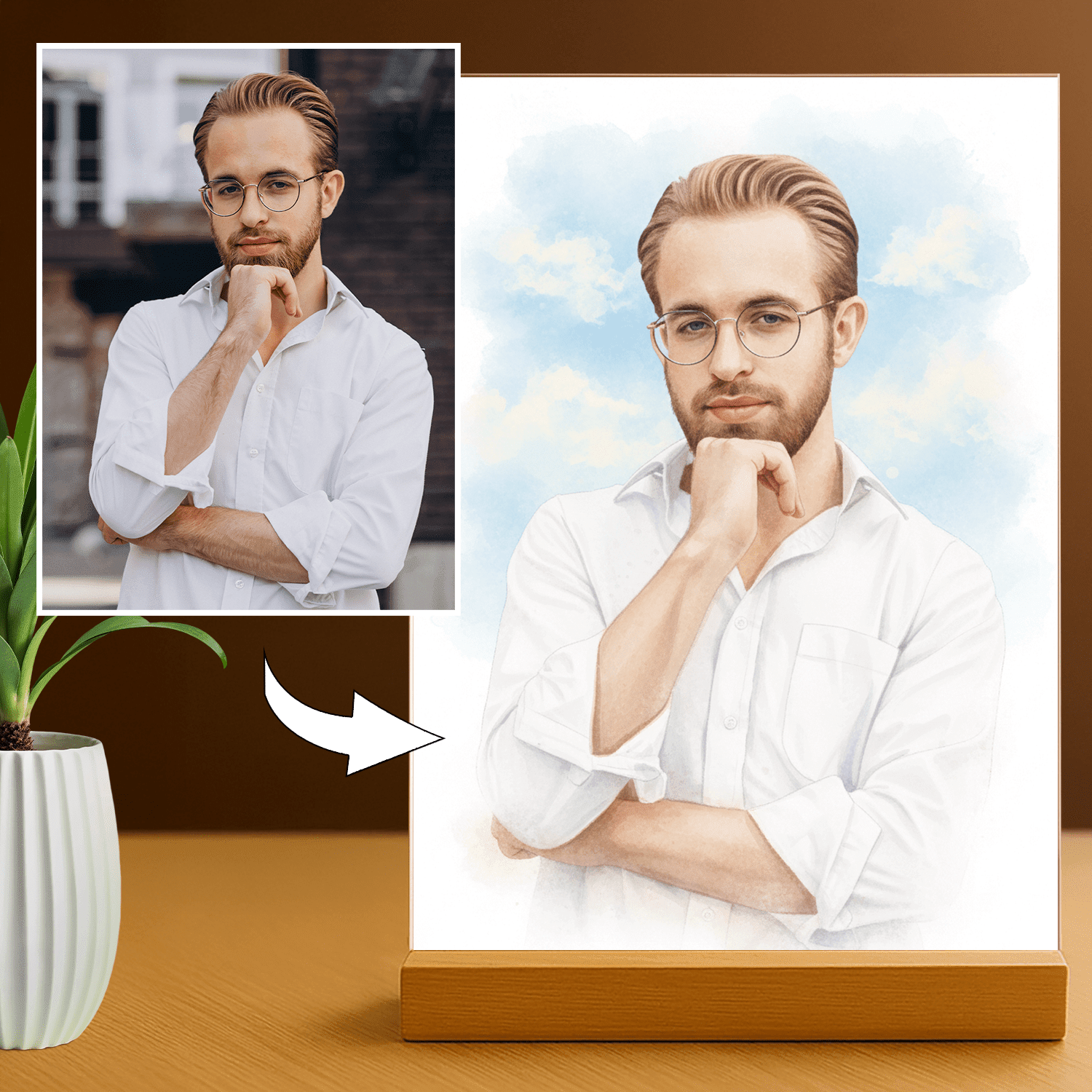 Lampka LED dla Niego – akwarelowy portret na szkle akrylowym - StwórzPrezent.pl
