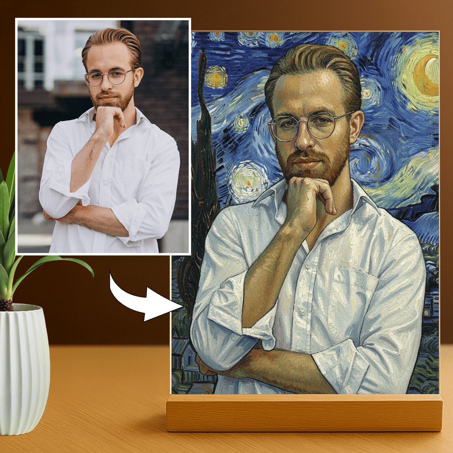 Lampka LED dla Niego – portret na szkle akrylowym w stylu Van Gogha z podświetleniem - StwórzPrezent.pl